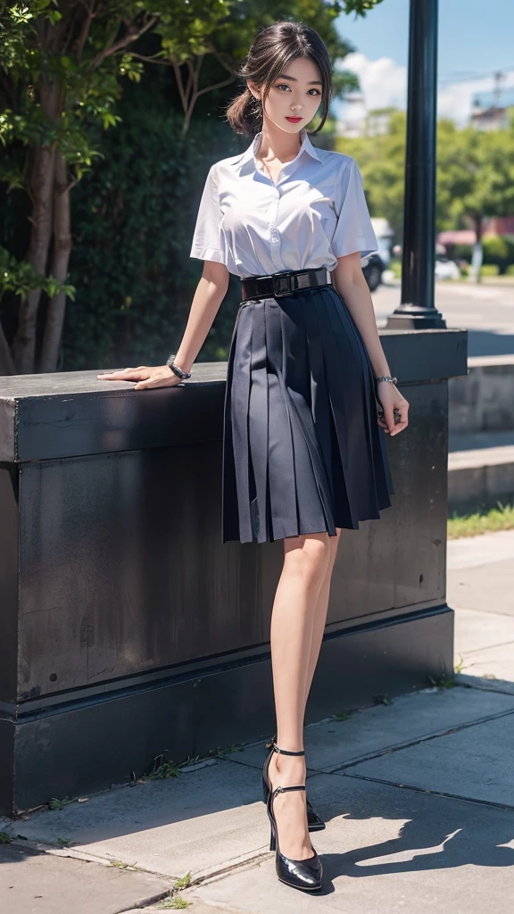 highest resolution, 8K, high definition, (((short hair))), Thai Students, Half Thai, half Japanese, half Korean., Height 173 centimeters, (((stand, walk))), Beautiful face, แต่งBeautiful face, Double eyelids, red lips, smile at the corner of the mouth, beautiful eyes, Beautiful Woman, The texture is realistic., ((Slim white short-sleeved shirt, collar shirt)), ((Dark blue large pleated skirt, long, Close your legs completely.)), ((กระโปรงสีกรมท่าพร้อมbeltผู้หญิง)), ((Huge breasts, Breast augmentation)), ((Symmetrical shape, sexy figure)), ((Thin, slim, small waist)), ((Black court shoes, Put on a watch, belt)), (((full body, Look at every part of the body.))), background, building, building, lawn, outdoor sports field, buildingเรียน