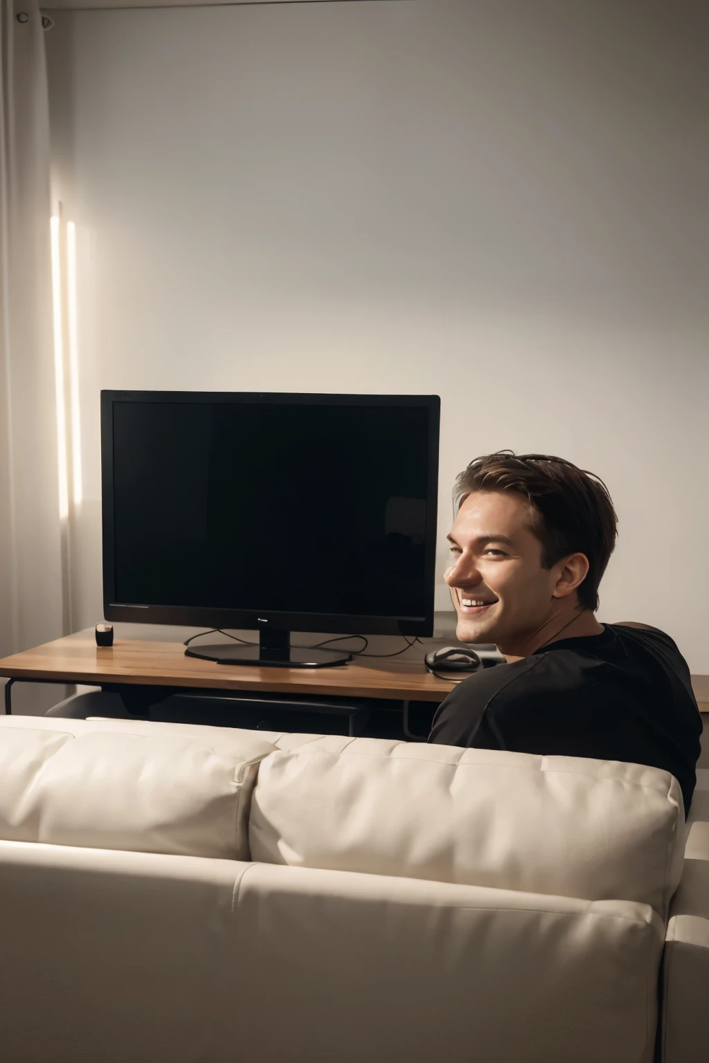 
I need you to create a situation where there is a happy man looking at a computer screen at an angle with his back turned. He is very impressed with what he sees on the computer screen, which is his brand booming, gaining notoriety. It could be his website on the laptop screen. He is in a room with white furniture, very clean and sophisticated, with detailed lighting, high contrast. The objective is to convey a feeling of excitement, enthusiasm, happiness, desire. IN HD, 4K, CINEMA 4D, Very realistic, very detailed and carefully created.