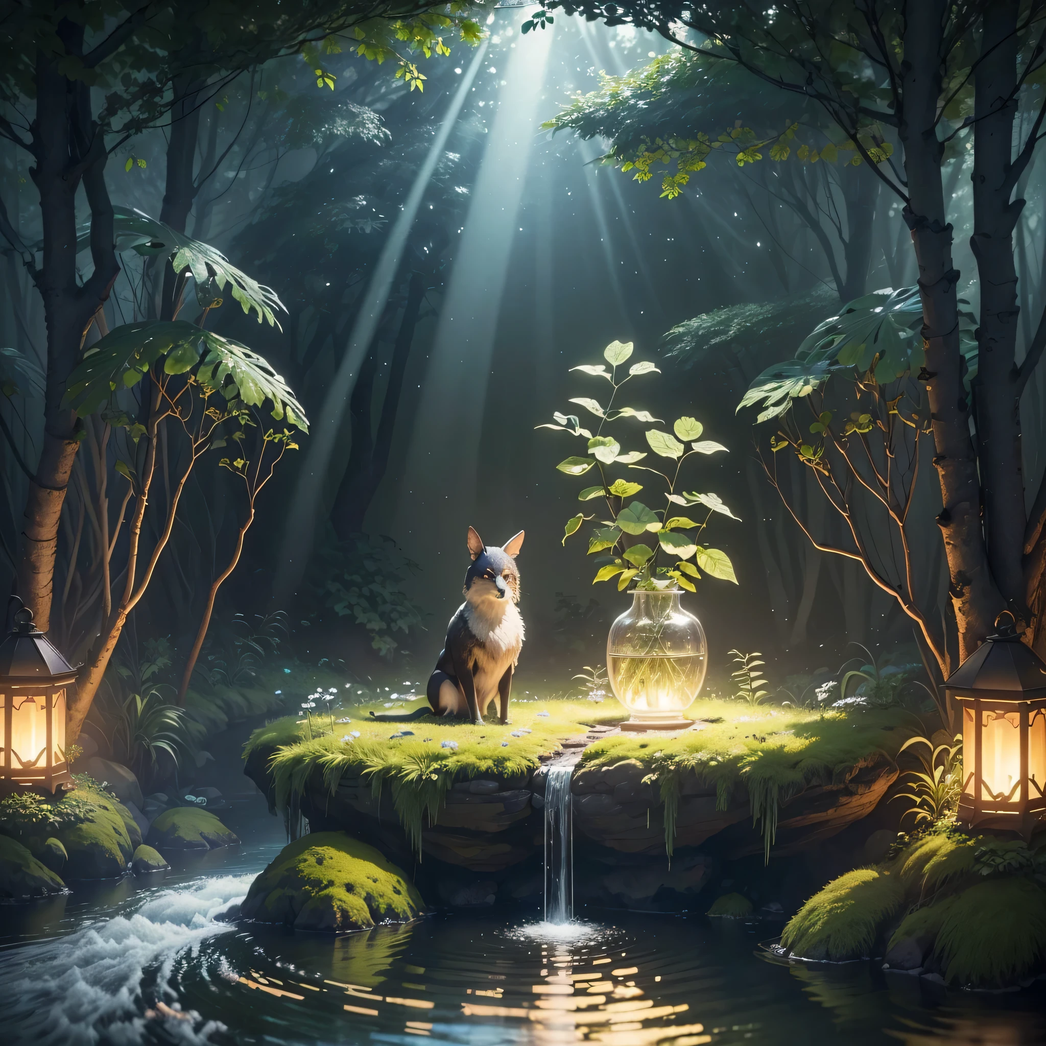 Meisterwerk, best quality, (CG 8k-Hintergrundbild sehr detailliert), (best quality), (beste Illustration), (Beste Schatten), Helles Sprite, mit einem hellen Hirsch, im Pool Trinkwasser, natural elements in the theme of the forest . Geheimnisvoller Wald, beautiful forest, Natur, Umgeben von Blumen, delicate leaves and branches surrounded by Firefly (natural elements), (Dschungelthema), (leaves), (branches), (Firefly), ( Similar to Amazon Jungle etc.3D , Oktan-Rendering, Raytracing, Super detailliert, Nachthimmel, leuchtende Sterne