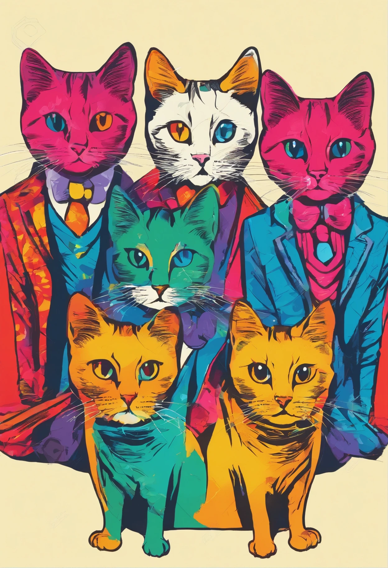 3 cats wearing clothes,colorful