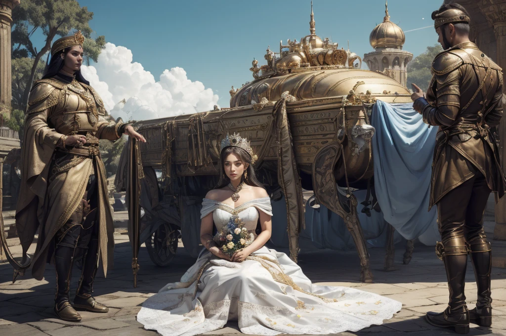 Ultra realistic 16K CG, masterpiece, Best Composition, Photo quality, main character - princess, stands the princess of the empire, short lace dress, the dress is all see through, lots of blue and gold shades, a lot of diamonds and flowers, shoulders exposed, lace, изящные lace, Very short dress, lifts the skirt, crown of bright flowers, gold and diamonds, there are formidable guards around, shrunken, maids of honor and baronesses, Ultra Face Detail, standing on the balcony of the throne room, in the background there are dozens of huge starliners, Against the background of the impregnable citadel of the empire, in the background are tall battle towers with huge heavy cannons, high detail, Lots of elements, flying transports, flying princess guard cargo ships, tap, Manipulators. Sun rays, Along the sides there are many detailed artillery batteries, The Distant Future, Alien Creatures, there are thousands of fighters and interceptors in the sky, many flowers in vases and bouquets, month, a lot of gold and blue silk, Street.