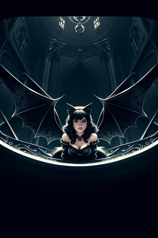((([Animated gothic pinup girl with cat ears and bat wings, big glass eyes], in a castle, ("noir scene))), manga art style, anime style)), (setting: indoor night , midnight, dark, moonbeams, partial light, fantasy, romantic, angelic, ethereal glow, soft lighting, vibrant colors, cinematic lighting, ambient, ambient occlusion, fractals, (Hyper ornate details)), Masterpiece, Colorful , Visionary Art, ((Dream Illustration)), Kinetic Lines and Curves, (Dynamic Angle), Baroque Grandeur, Isometric Style, (Dynamic Angle)), (Abstract Dark Background) , Digital Art, Miniature Tilt Shift, Iridescent