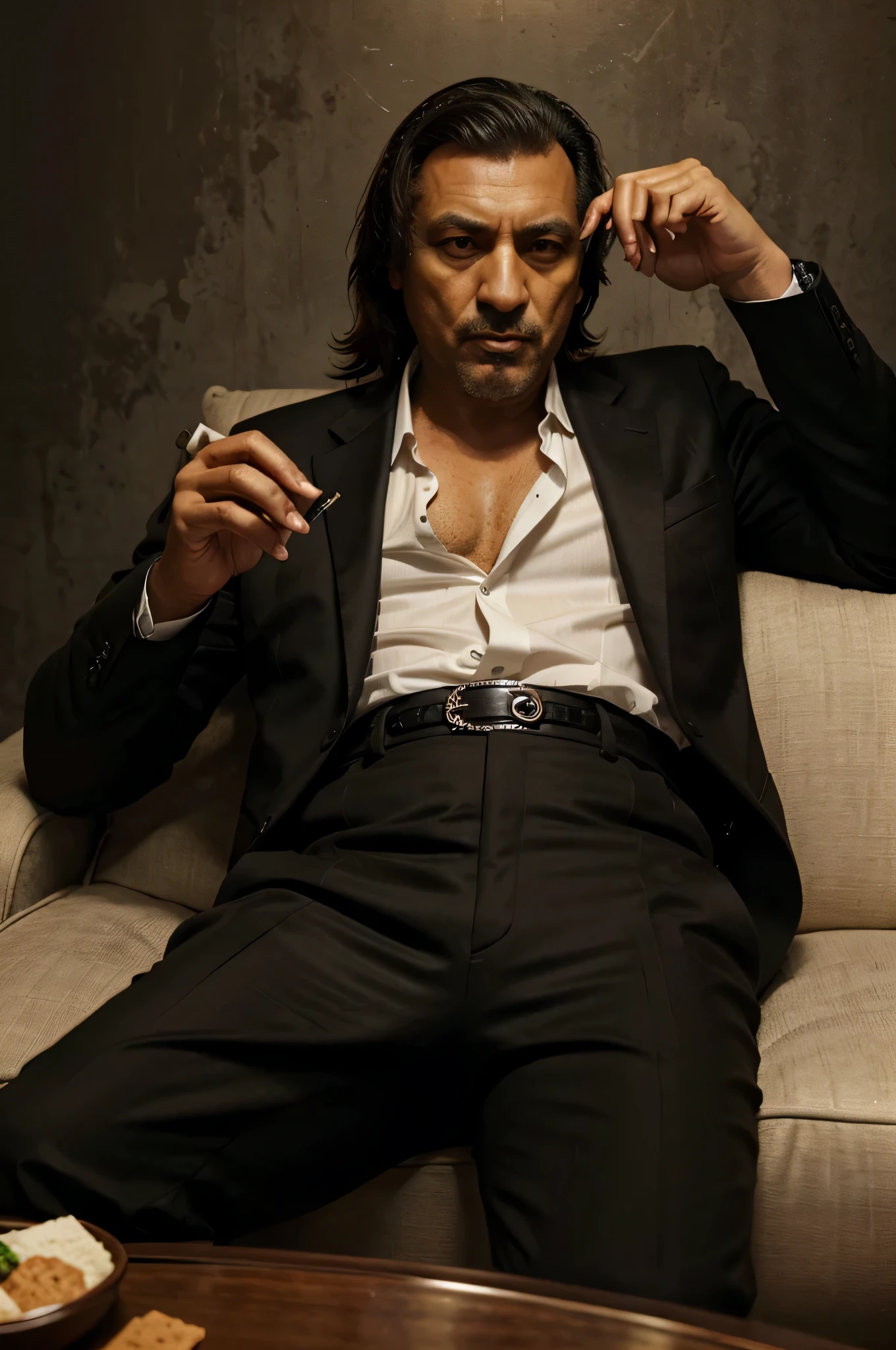 crie um personagem com pele parda, estilo mafioso, sentando em uma mesa, com cigarro nas maos e um copo de wisky na mesa, o personagem esta de roupa social