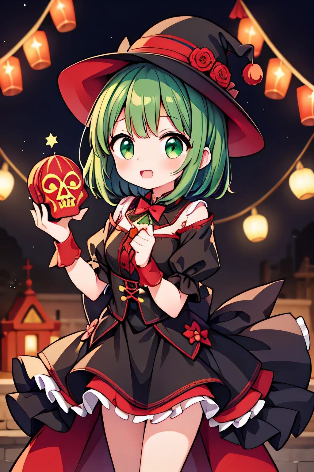 Chica con pelo corto verde, , ropa de bruja roja, sombrero puntiagudo, haciendo magia, celebrating dia de muertos, animado, moe, Dibujos animados, feliz, folclore mexicano de fondo