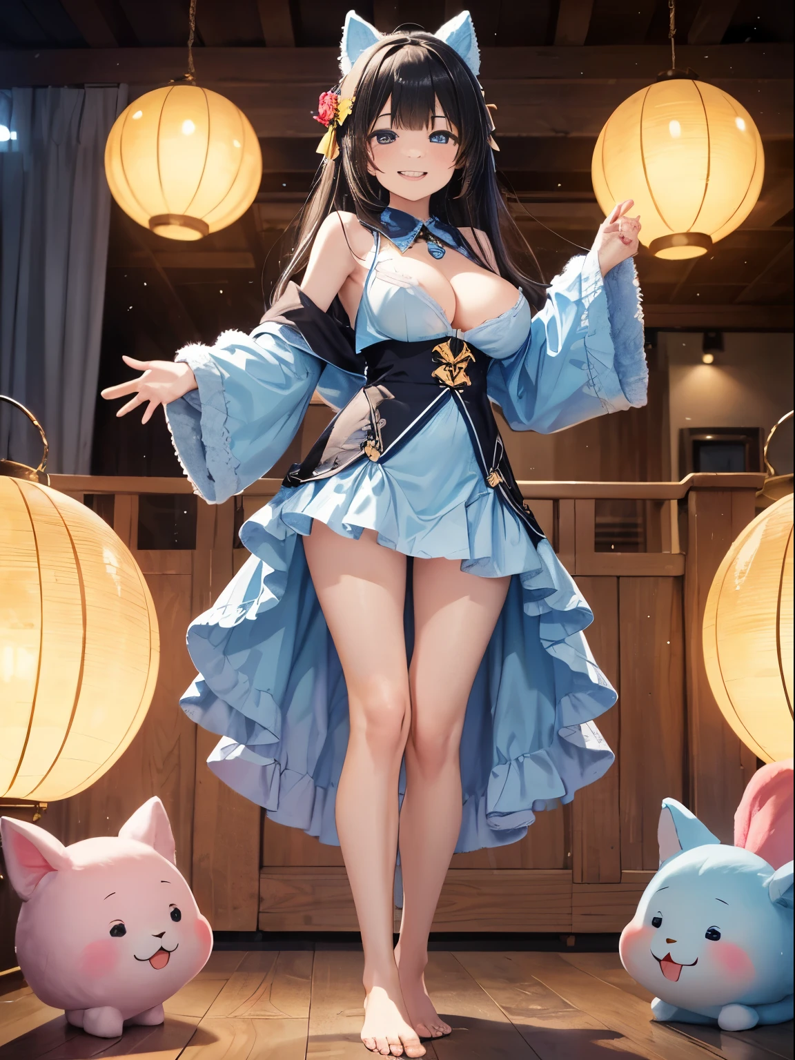 (One elementary school student:1.2), (alone:1.2),(13 year old girl)、young girl、big breasts、 table top, nffsw、shader、highly detailed eyes、black hair、silky hair、ultra-intricate pupil in eyes、highest quality、Lift your with your hands、bright colors、Bust 100、Standing picture of the game、Pose to emphasize、Children's wear(Light blue)(big fluffy costume)、Yellow miniskirt、panty shot、thin legs、barefoot、bare hands、grinning expression、evil smile、eyes half closed、open your mouth、Showing the soles of the feet、standing pose、Highest image quality、vivid colors、dynamic composition
