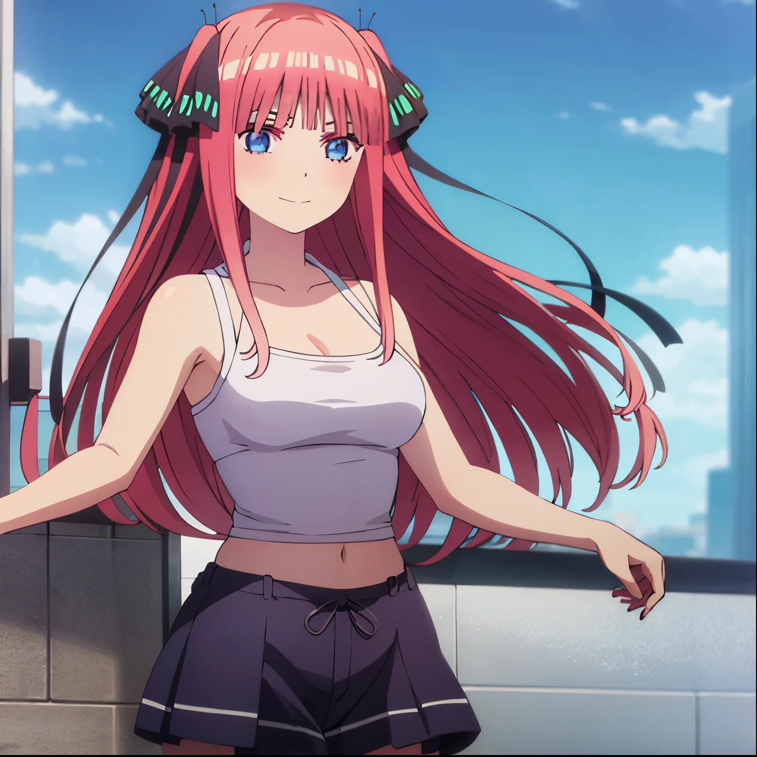 1girl, alóne,Nino nakano,2d, masterpiece, best quality, anime, cowboy shot, nakano nino, pink hair, butterfly hair ornament, crop top , cleavage, Denim shorts , medium breasts, standing, school, outdoors, smilelong pink hair, blue eyes, big breasts, medium waist, wide hips, medium thighs,