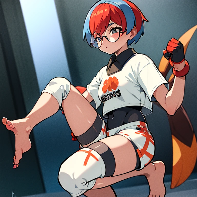 (masterpiece, absurdres, :1.2), 1girl, solo, cell shading, best quality, extreme detail, perfect face, fighting dojo, standing, Penny, print shirt, tied shirt, black bodysuit, bodysuit under clothes, single glove, print shorts, knee pads, barefoot