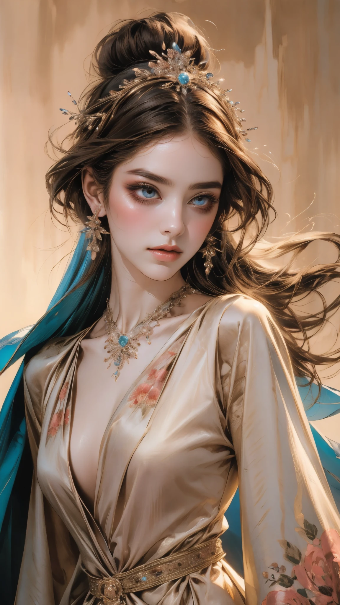 a beautiful young woman, a peerless beauty, goddess, perfect body, perfect nose, perfect mouth, perfect eyes, Perfect skin, the most beautiful woman in the world, medium-length hair in two colors, a floral hairpin, a graceful visage, bright eyes, flawless skin, exudes an elegant temperament, a simple and refined two-piece silk clothing, a light pink shawl, a pale silk belt, An ethereal and flowing long skirt, a dreamy and ethereal atmosphere, this character embodies a finely crafted fantasy-style traditional Chinese beauty in anime style, exquisite and mature manga art style, high definition, best quality, highres, ultra-detailed, ultra-fine painting, extremely delicate, professional, anatomically correct, symmetrical face, extremely detailed eyes and face, high quality eyes, creativity, RAW photo, UHD, 8k, Natural light, cinematic lighting, masterpiece-anatomy-perfect, masterpiece:1.5