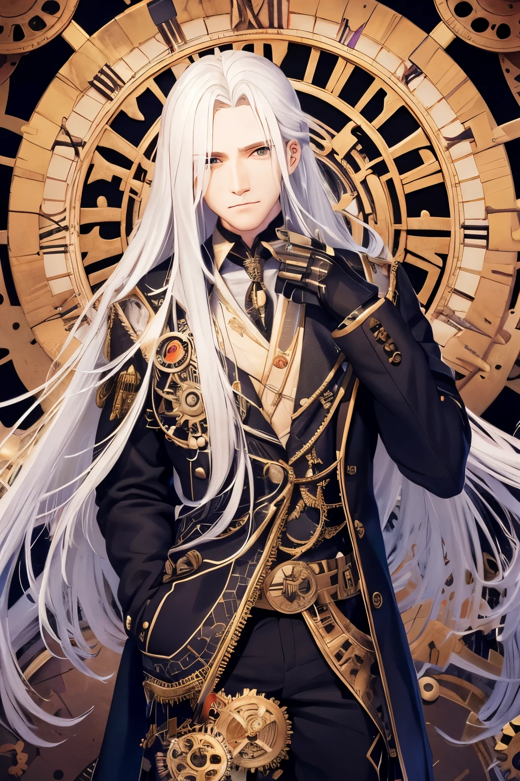 guy, white jacket, a huge clock behind his back, clothes decorated with gears, the god of time, long white hair, an image of chess arrows in his right eye, an old gunpowder pistol in his hand
