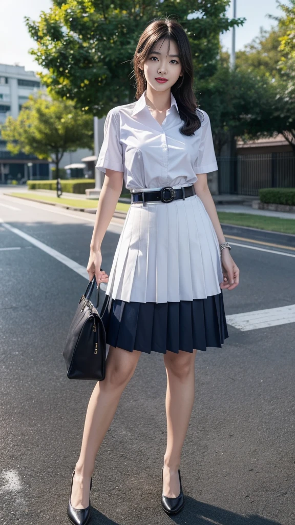 highest resolution, 8K, high definition, (((ผมlongประบ่า))), Thai Students, Half Thai, half Japanese, half Korean., Height 173 centimeters, (((stand, walk))), Beautiful face, แต่งBeautiful face, Double eyelids, red lips, smile at the corner of the mouth, beautiful eyes, Beautiful Woman, The texture is realistic., ((Slim white short-sleeved shirt, collar shirt)), ((big pleated skirt, dark blue, long, Close your legs completely.)), ((Navy blue skirt, พร้อมbeltผู้หญิง)), ((Huge breasts, Breast augmentation)), ((Symmetrical shape, sexy figure)), ((Thin, slim, small waist)), ((Black court shoes, Put on a watch, belt)), (((full body, Look at every part of the body.))), background, building, building, lawn, outdoor sports field, buildingเรียน
