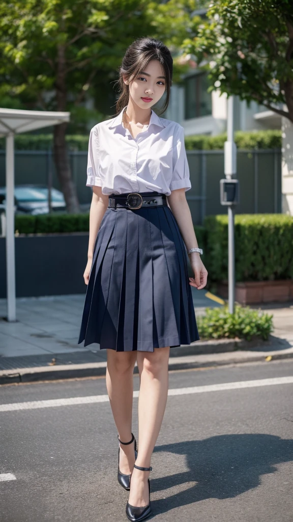 highest resolution, 8K, high definition, (((short hair))), Thai Students, Half Thai, half Japanese, half Korean., Height 173 centimeters, (((stand, walk))), Beautiful face, แต่งBeautiful face, Double eyelids, red lips, smile at the corner of the mouth, beautiful eyes, Beautiful Woman, The texture is realistic., ((Slim white short-sleeved shirt, collar shirt)), ((Dark blue large pleated skirt, long, Close your legs completely.)), ((กระโปรงสีกรมท่าพร้อมbeltผู้หญิง)), ((Huge breasts, Breast augmentation)), ((Symmetrical shape, sexy figure)), ((Thin, slim, small waist)), ((Black court shoes, Put on a watch, belt)), (((full body, Look at every part of the body.))), background, building, building, lawn, outdoor sports field, buildingเรียน
