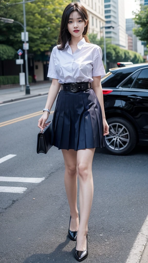 highest resolution, 8K, high definition, (((ผมlongประบ่า))), Thai Students, Half Thai, half Japanese, half Korean., Height 173 centimeters, (((stand, walk))), Beautiful face, แต่งBeautiful face, Double eyelids, red lips, smile at the corner of the mouth, beautiful eyes, Beautiful Woman, The texture is realistic., ((Slim white short-sleeved shirt, collar shirt)), ((big pleated skirt, dark blue, long, Close your legs completely.)), ((Navy blue skirt, พร้อมbeltผู้หญิง)), ((Huge breasts, Breast augmentation)), ((Symmetrical shape, sexy figure)), ((Thin, slim, small waist)), ((Black court shoes, Put on a watch, belt)), (((full body, Look at every part of the body.))), background, building, building, lawn, outdoor sports field, buildingเรียน