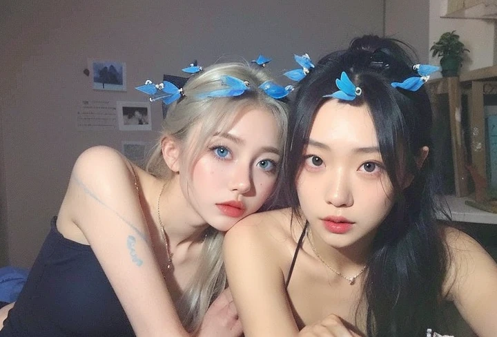 two women with blue birds on their heads posing for a picture, ulzzang, tumblr, profile pic, #oc, # oc, nixeu and sakimichan, bleached, grunge aesthetic, with blue skin, aesthetic cute with flutter, grunge aesthetic!!! (, pale glowing skin, very aesthetic!!!!!!!!!!!!!!!, with ivy, fairycore, aesthetic!!!!!!!!!!