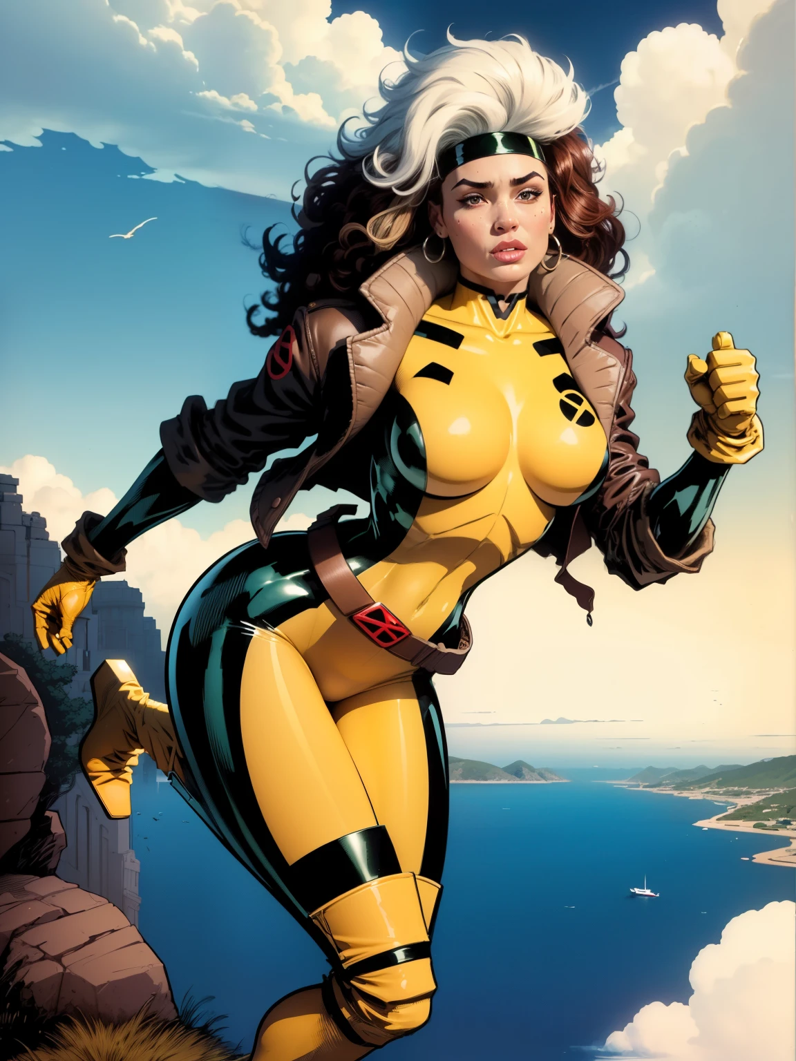 
(((COMIC STYLE, CARTOON ART))), cinematic. 01 girl, solo, lonly, A comic-style image of Rogue member of the X-Men in dynamic pose. A woman with brown hair with a white streak, green eyes and special gloves. She is flying in the sky, with clouds in the background. She wears her traditional attire with a brown leather jacket.(((Slim Hot body, sexy, sensual, camel toes ))), (((Camel Toes))). Detailed, detailed face, intricate, glowing. Cinematic background. 