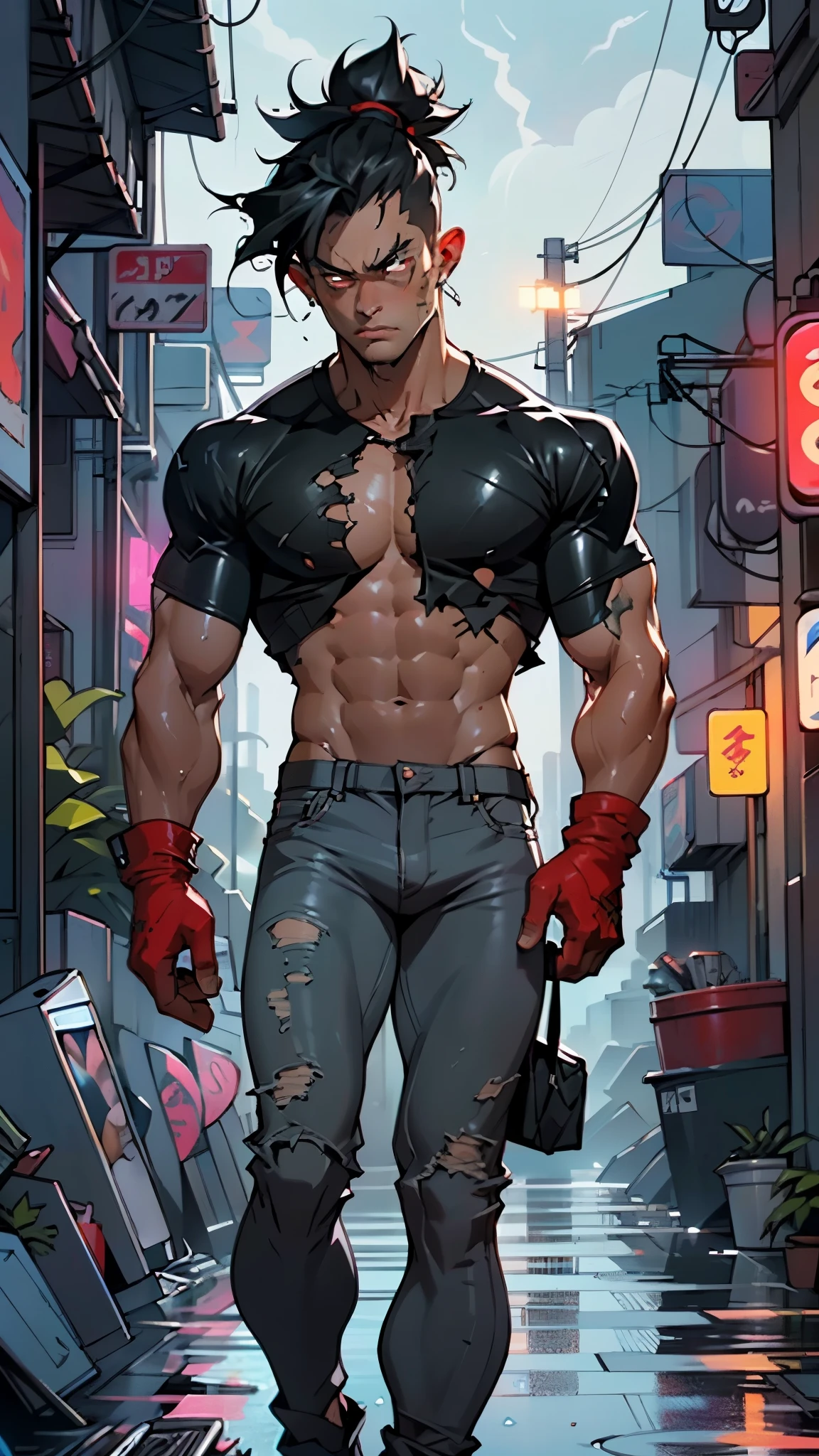 (1man:1.3),20-year-old,muscle,muscle man,(((male gender:1))),
(black hair,Wild Spike Black Saiyan hair),(((red_eyes:1.3))),intricate eyes,big pectorals,((muscle body,perfect anatomy))),(((dirty skin:1.5,lustrous skin:1.5,bright skin: 1.5,skin tanned,shiny skin,very shiny skin,shiny body,plastic glitter skin,exaggerated shiny skin,illuminated skin,wet legs))),(detailed body,toned athletic body),(detailed face)
serious and thoughtful man,(nsfw),
dirt smeared face,(((bare back and chest))),((wet clothes,dirty clothes,torn clothes)),
(dynamic pose:1.0),solo focus,(angry),(centered,scale to fit dimensions,Rule of thirds),
cyberpunk city by the ocean at night, with bright neon signs and dark stormy clouds and puddles, scenery:1.25,nighttime, starry night, cosmos,Very dark night that makes the neon lights stand out, very bright neon lights,nighttime, starry night, cosmos,
artistic photography,(photography taken by sldr),highres, sharp focus,(ultra detailed, extremely detailed), (photorealistic artwork:1.37),(extremely detailed CG unity 8k wallpaper),((synthwave background theme)),(((vibrant colors))),intricate,(intricate background),(masterpiece),(best quality),photo realistic,analog style,((intricate detail)),(((realism))),