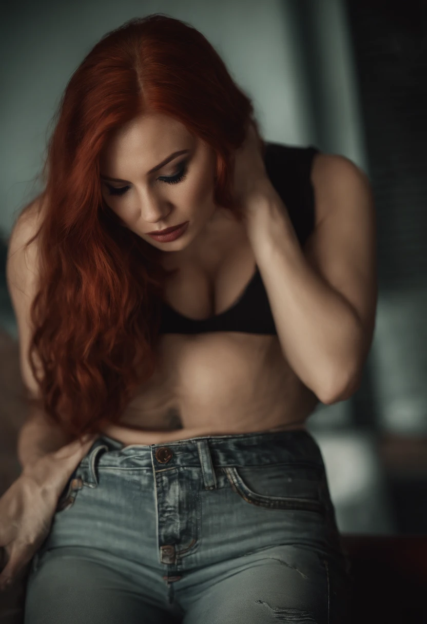 Long hair, Red Head, beautiful, muscular, sexy, shy, large breasts, thick ass, thin waist,lucy \(cyberpunk\), ripped pants, dripping cum, pussy, gaping pussy