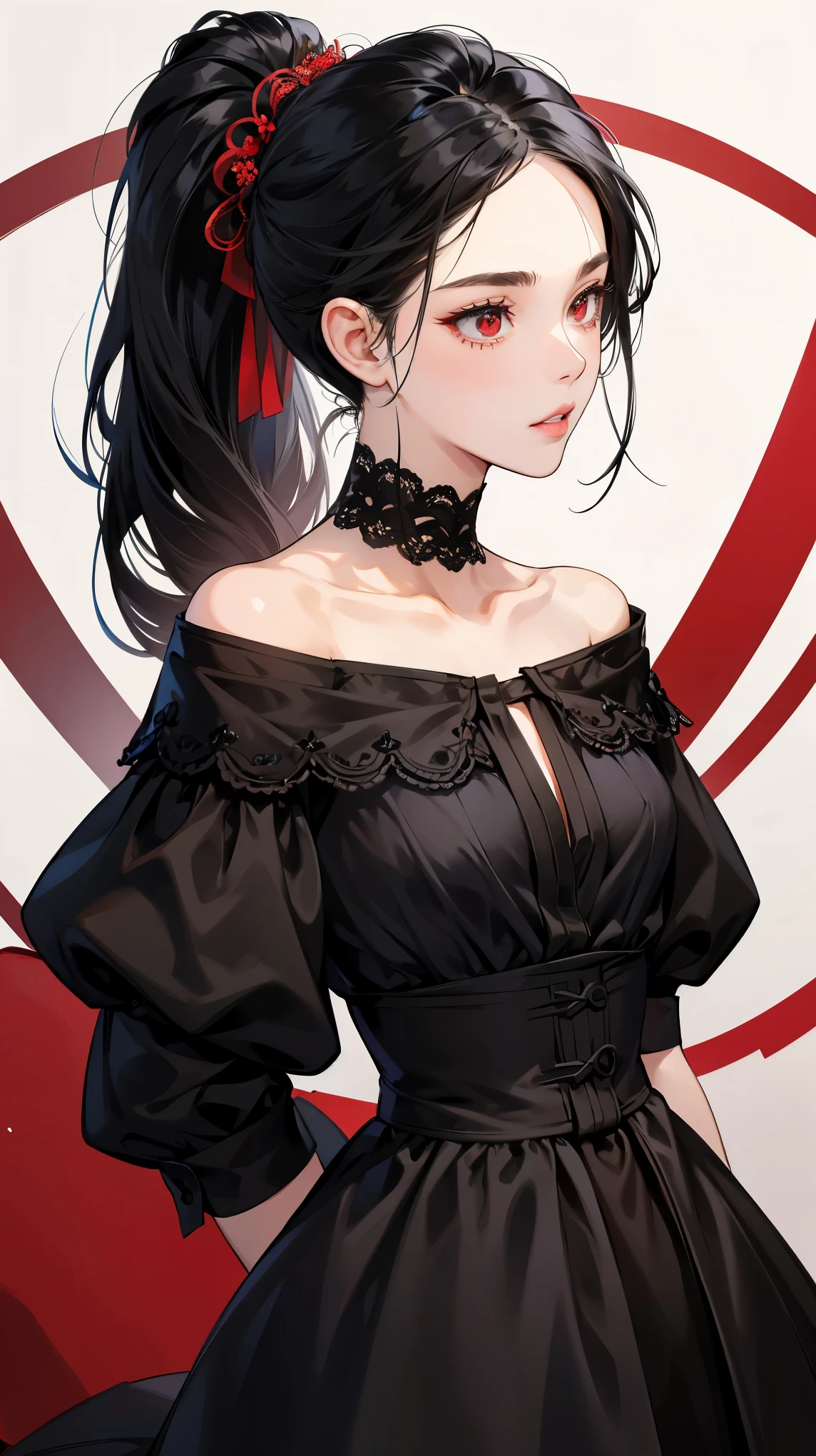 Ultra HD resolution，artistic photos，Photography，21year girl,earrings,long hair,Red background,Black backless dress,necklace,cowboy shot,H cup