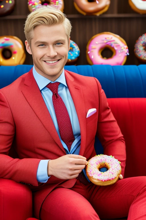 short blond hair,handsome man, blue eyes,smile,suit and tie,sitting in classic red sofa,(he has a donut:1.3)