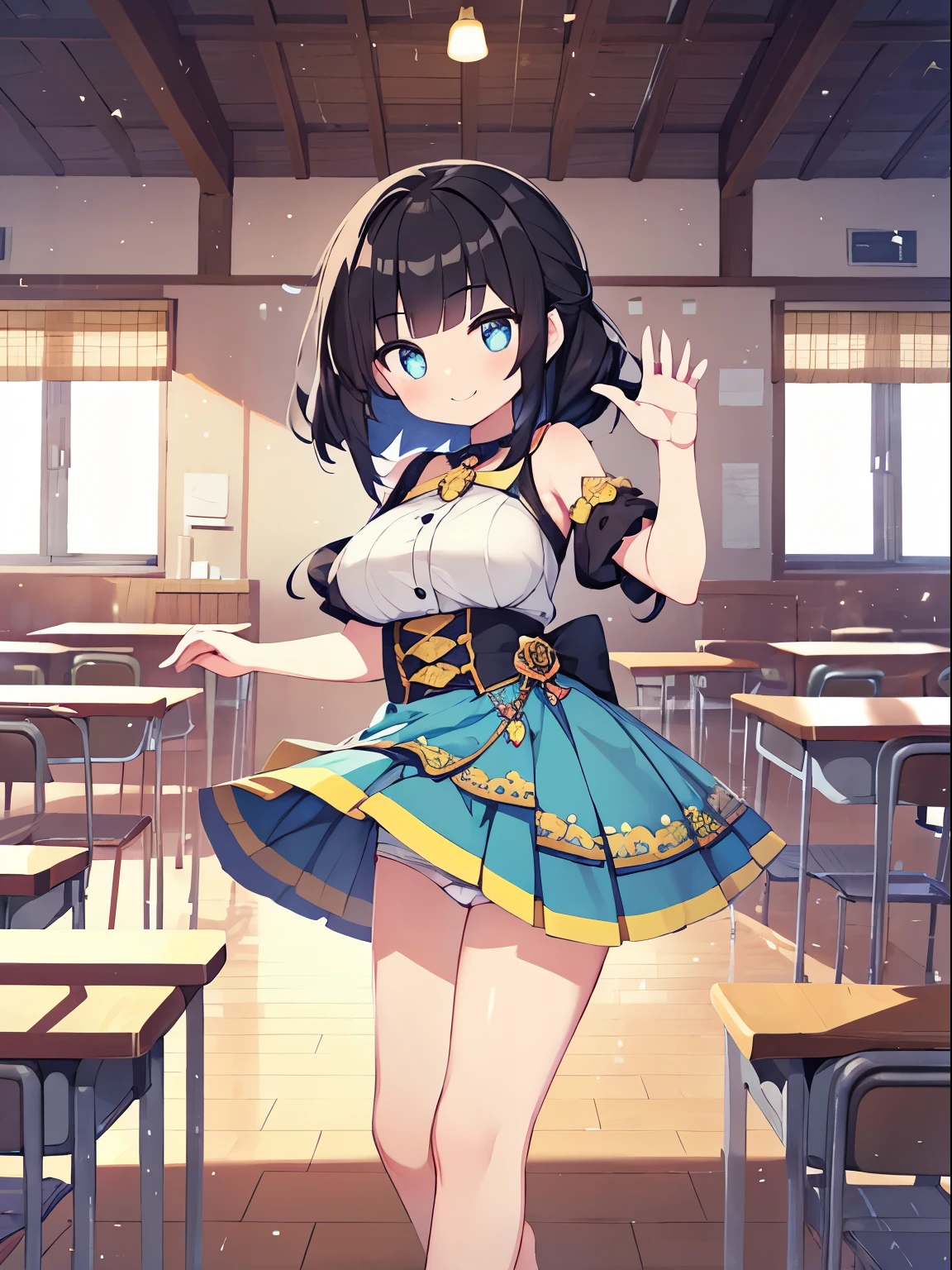 (One elementary school student:1.2), (alone:1.2),(13 year old girl)、young girl、big breasts、 table top, nffsw、shader、highly detailed eyes、black hair、silky hair、ultra-intricate pupil in eyes、highest quality、Lift your with your hands、bright colors、Bust 100、Standing picture of the game、Pose to emphasize、Children's wear(Light blue)(big fluffy costume)、Yellow miniskirt、panty shot、thin legs、barefoot、bare hands、grinning expression、evil smile、eyes half closed、open your mouth、Showing the soles of the feet、fold your hands behind your back、standing pose、Highest image quality、vivid colors