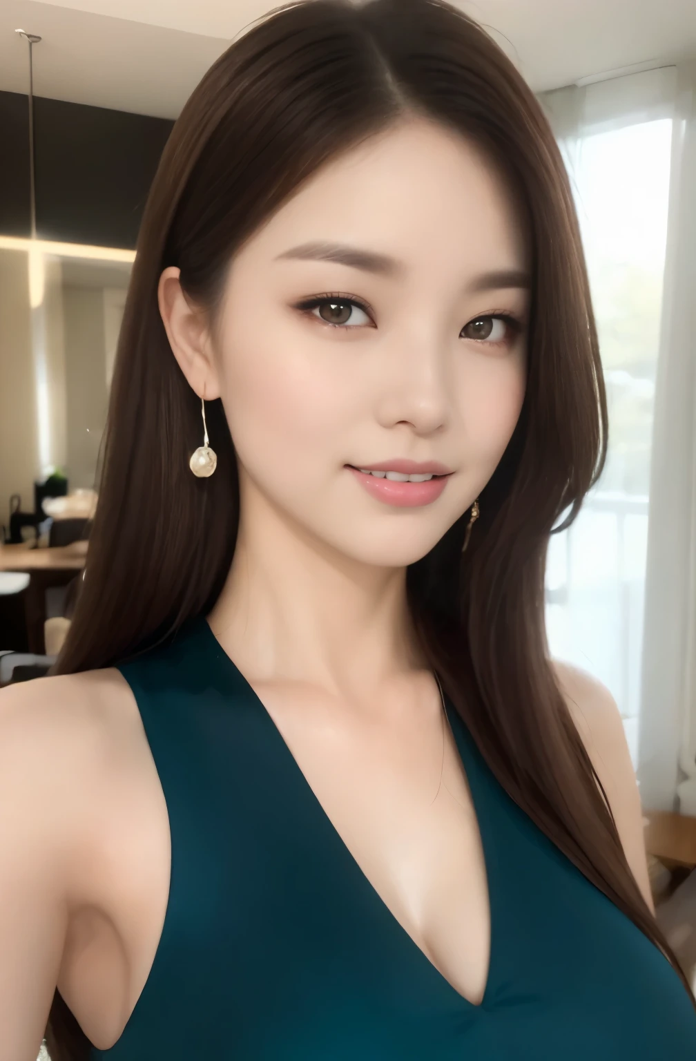 (24 year old lover), (big breasts:1.3),   Cafe、Green Sleeveless High Neck Dress、(masterpiece: 1.3), (maximum resolution: 1.4), (Super high quality: 1.2), cinematic light, Super high quality,My cheeks turned red:1.2、 (beautiful eyes and skin), (detailed facial features), nsfw, 8K resolution, perfect style, beautiful expression、Highly detailed face and skin texture、fine eyes、double eyelid、glitter eyeliner:1.2、shiny skin、pure white skin:1.8、white skin:1.8、red rouge、dark lipstick:1.2、shiny small earrings、glossy lips:1.2、((full body shot:1.2))、(straight hairstyle、light brown hair)、long hair、(very affectionate smile:1.2)