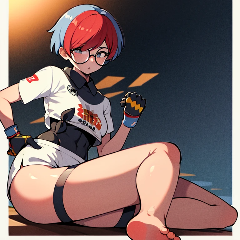 (masterpiece, absurdres, :1.2), 1girl, solo, cell shading, best quality, extreme detail, perfect face, Penny, print shirt, tied shirt, black bodysuit, bodysuit under clothes, single glove, print shorts, knee pads, barefoot, punching viewer