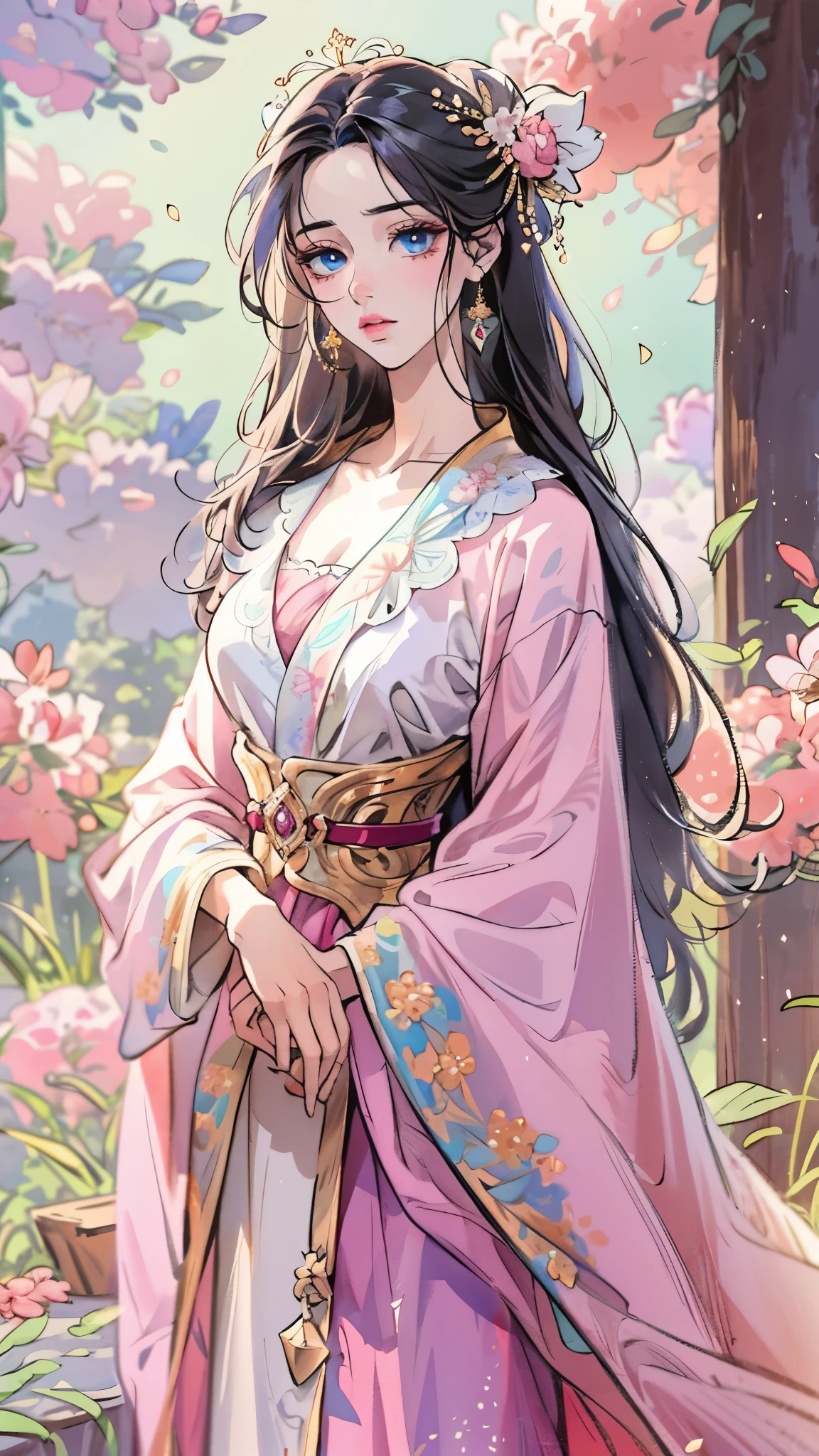 a beautiful young woman, a peerless beauty, goddess, perfect body, perfect nose, perfect mouth, perfect eyes, Perfect skin, the most beautiful woman in the world, medium-length hair in two colors, a floral hairpin, a graceful visage, bright eyes, flawless skin, exudes an elegant temperament, a simple and refined two-piece silk clothing, a light pink shawl, a pale silk belt, An ethereal and flowing long skirt, a dreamy and ethereal atmosphere, this character embodies a finely crafted fantasy-style traditional Chinese beauty in anime style, exquisite and mature manga art style, high definition, best quality, highres, ultra-detailed, ultra-fine painting, extremely delicate, professional, anatomically correct, symmetrical face, extremely detailed eyes and face, high quality eyes, creativity, RAW photo, UHD, 8k, Natural light, cinematic lighting, masterpiece-anatomy-perfect, masterpiece:1.5