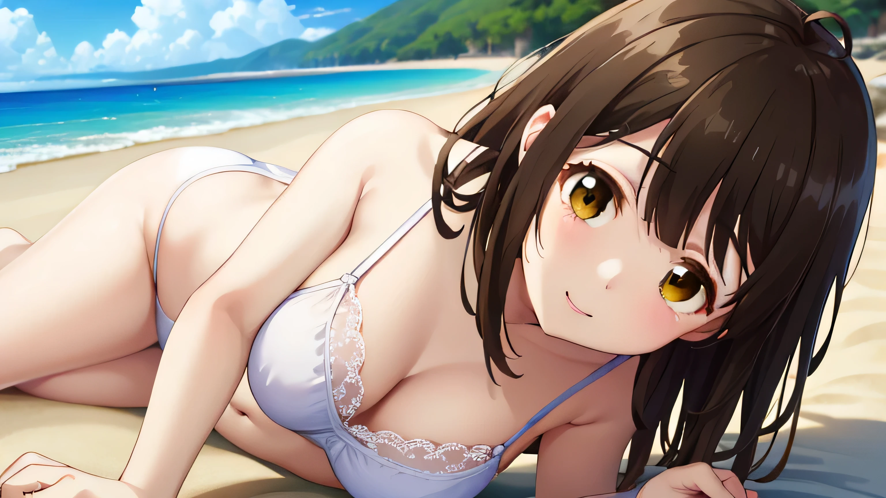 sayuogiwara, sayu ogiwara, brown hair, (brown eyes:1.5), medium hair, （Running on the beach）、{{white bra}},{{white lace panties}}, whole body, NSFW, （With a smile）、