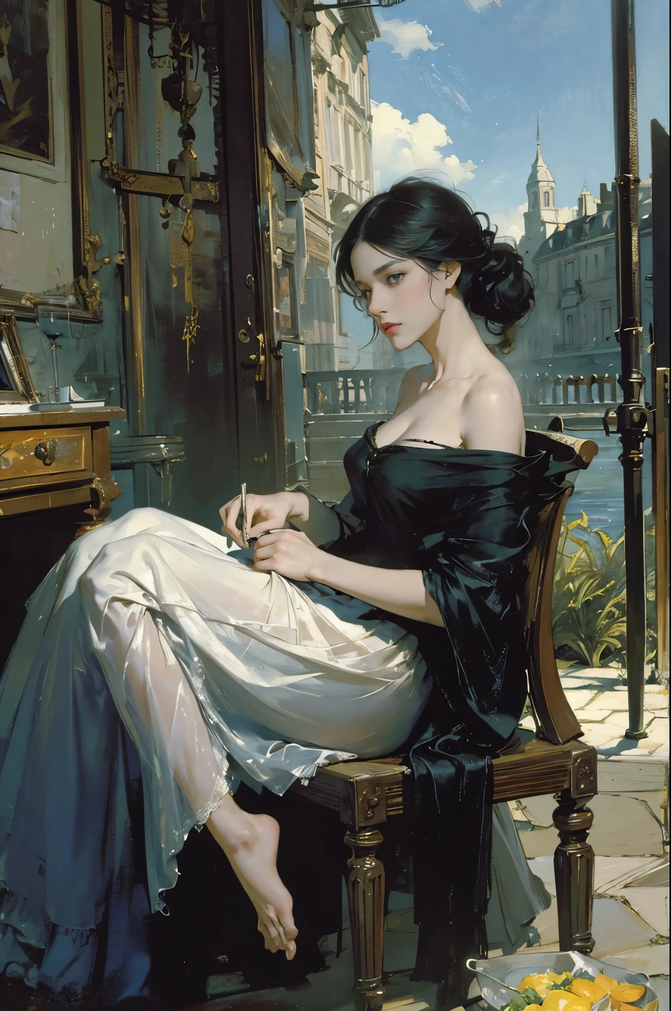 painting of woman, with influence of Jeremy Mann, Jeremy Mann, style of Jeremy Mann, Jeremy Mann painting, Jeremy Mann art, Ron Hicks, Liepke, Jeremy Mann and alphonse mucha, Works that influenced Edmund Blampid, robert lenkiewicz, Casey Baugh and James Jean, Works that influenced Willem Kalf, Nick Alm, tumbler, figurative art, Intense watercolor painting, watercolor detailed art,Beautiful and expressive paintings, Beautiful artwork illustration, wonderful, cool beauty, highest quality, official art, perfect composition,perfect angle, best shot, women only, sharp outline, melancholy, nostalgia, nostalgia,Eyes without pupils, color eye, ideal anima, In search of lost time, marcel proust, sentimental, Full body Esbian, The vague line between past and present, Recall, outdoor, Paris in the first half of the 20th century, Montmartre, Mysterious, Mysterious, In the garden