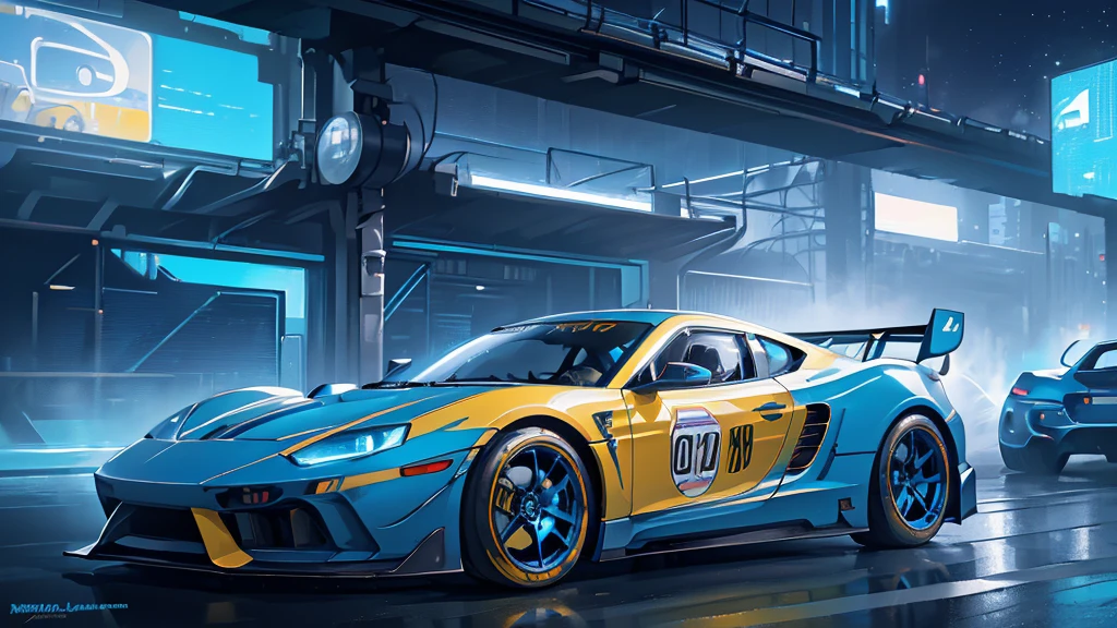 (blue sports car, yellow wheels, blue headlights, racing stickers, car racing, blue smoke), (blue cyberpunk city, blue neon, starry sky), (8k, extremaly detailed, lighting like a movie, lense flares)