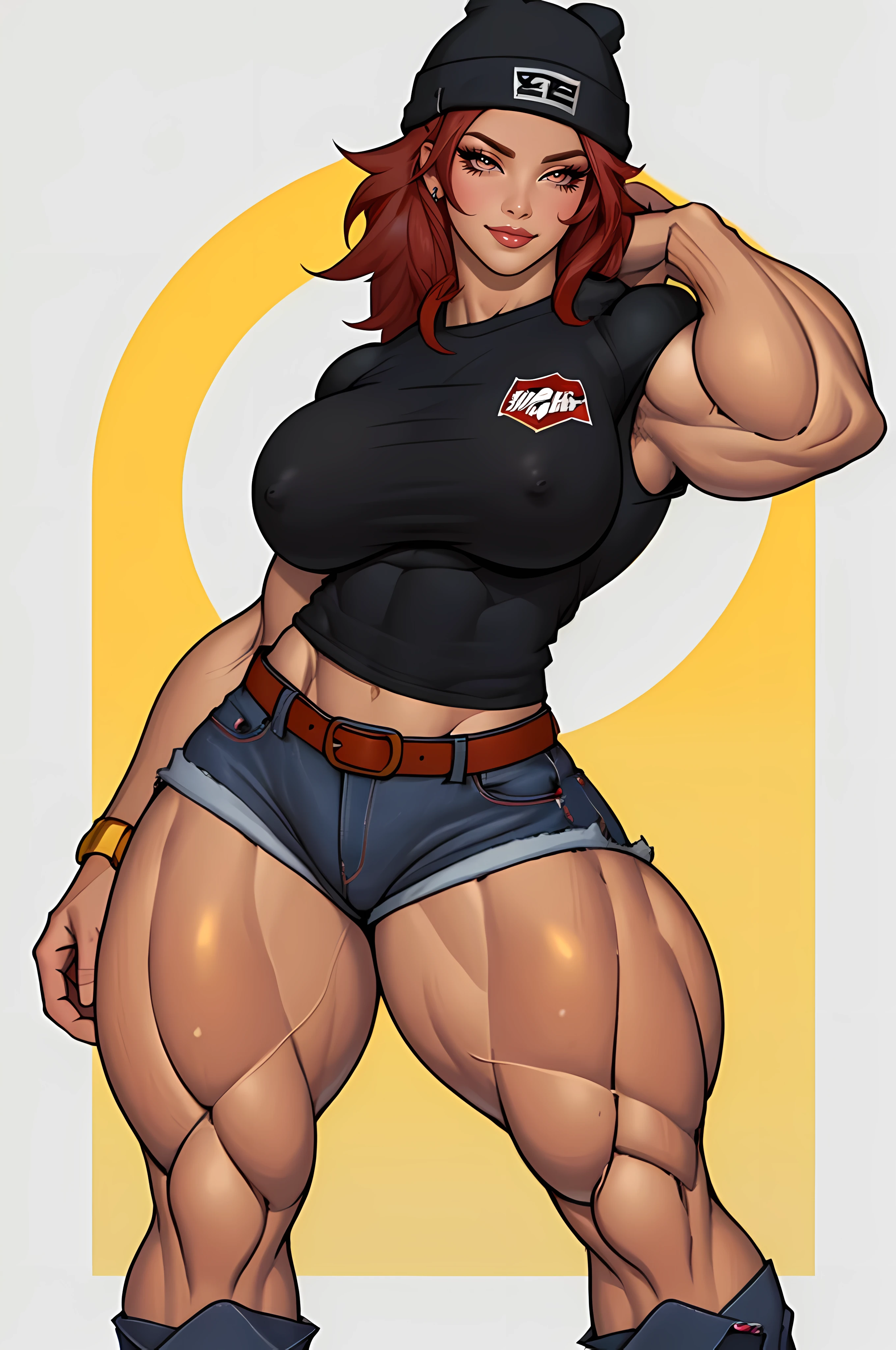 ((NSFW)), (((accurate anatomy))), 1 woman, muscular, black beanie, blue shirt, jeans shorts, red hair, yellow eyes, ((wide hips)), (((Huge breasts))), ((long legs)), (((Massive Female Bodybuilder))), ((((Muscular Legs)))), (((((Huge Muscles)))))