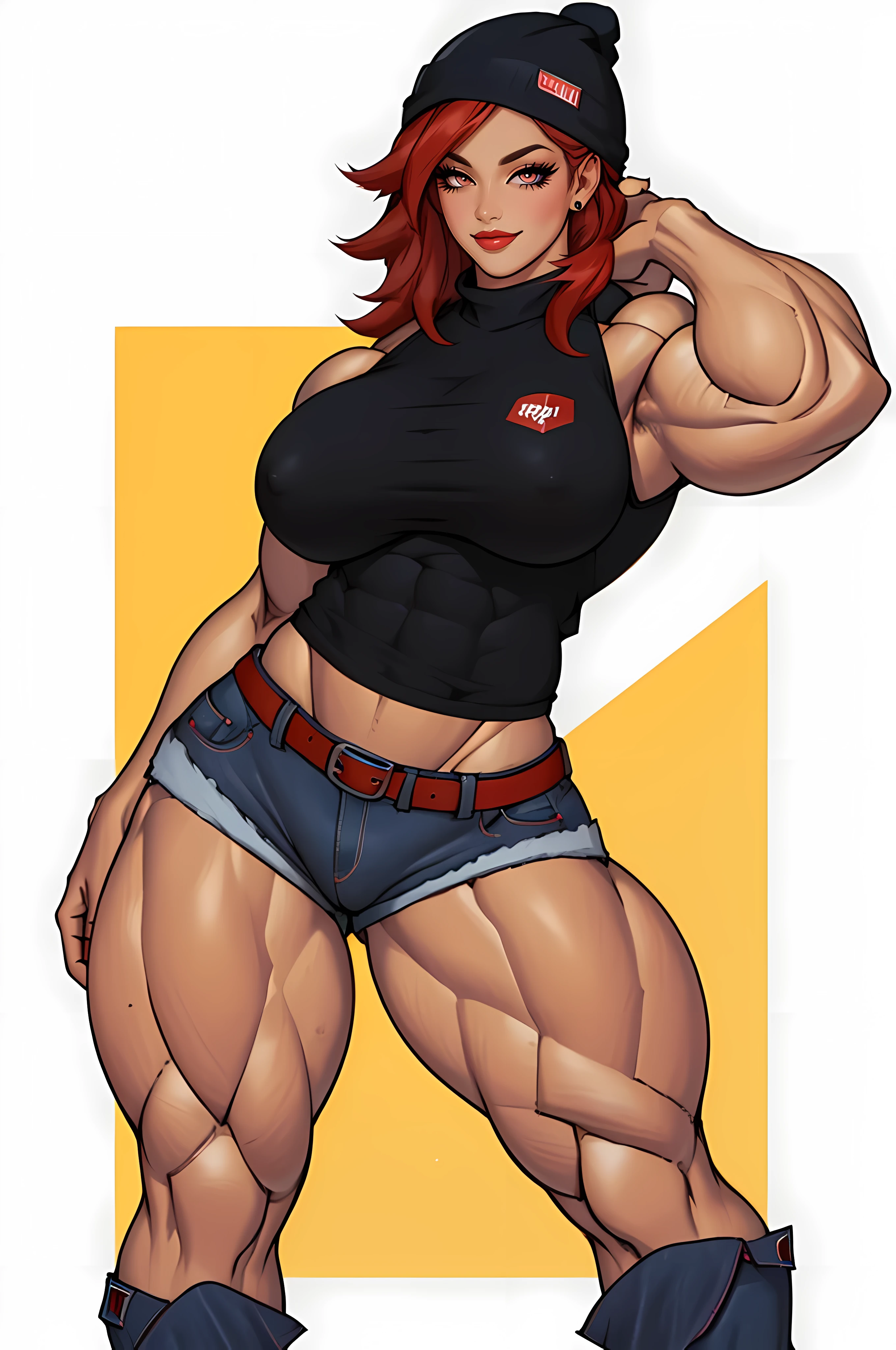 ((NSFW)), (((accurate anatomy))), 1 woman, muscular, black beanie, blue shirt, jeans shorts, red hair, yellow eyes, ((wide hips)), (((Huge breasts))), ((long legs)), (((Massive Female Bodybuilder))), ((((Muscular Legs)))), (((((Huge Muscles)))))