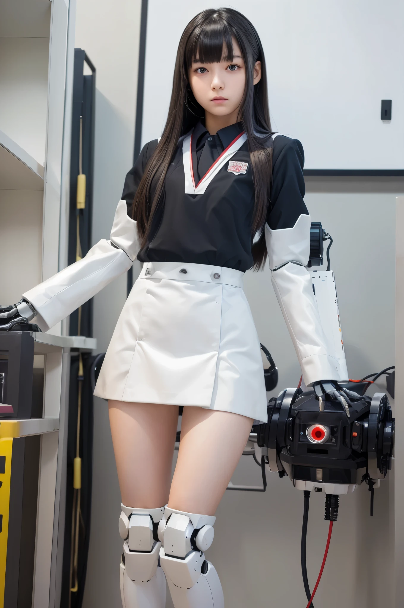 (photorealistic:1.4), (RAW photo)masutepiece, Best Quality, Extremely detailed, (Photorealistic:1.4), (8K, 4K, Best Quality, hight resolution, 超A high resolution:1.1), 8K portrait,Japaese android girl,teenager,18 years old,highschool student,control panels,android,Droid,Mechanical Hand, ,Robot arms and legs, Black hair,Mechanical body,Blunt bangs,White Robotics Parts,perfect robot ,Charging spot,ceramic body ,perfect teenager robot,Japanese highschool uniform