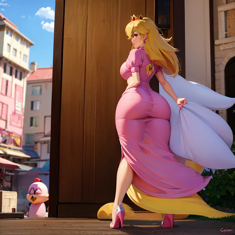 1girl, Princess Peach, rubia, vestido rosa entallado, ruborizada, Curvy body, gigantic breast, escote, sexy, standing, from behind, bragas blancas, bragas visibles,