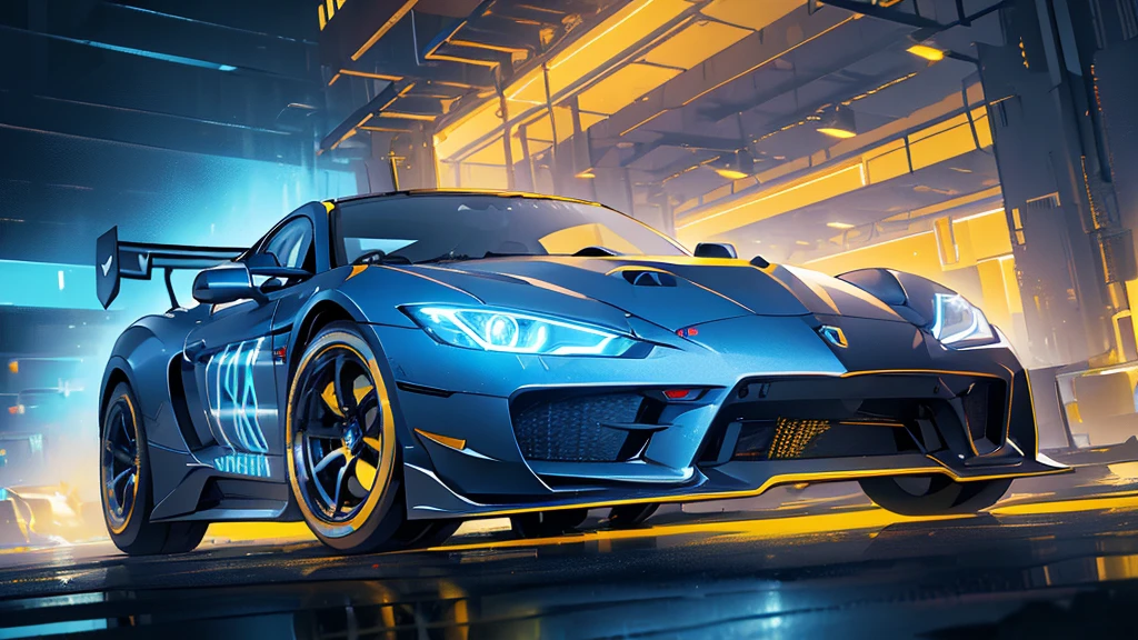 (black sports car, yellow wheels, blue headlights, racing stickers, car racing, blue smoke), (blue cyberpunk city, blue neon, starry sky), (8k, extremaly detailed, lighting like a movie, lense flares)
