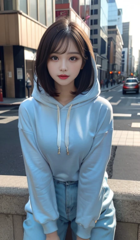 squat,Angle that shows the whole body,hyper hd, masterpiece, high quality, High resolution, 最high quality, High resolution, HD, 16k, 8K, 4K, soft lighting,Background Bokashi,1 girl, short black hair, blue eyes, wearing a large hoodie, wide pants, city, confused, High resolution, super sharp, 8K, masterpiece, looking at the viewer,beautiful face,beautiful eyes,Ultra precision body,good mouth