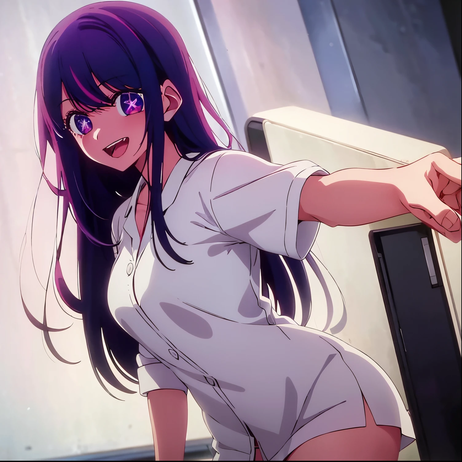 1girl,alone, ai hoshino,nurses ((There is a five-pointed star in the eye)) Beautiful long purple hair, smile, open mouth, nurses, hospitals, white nurse clothes, white nurse hat, looks at viewer, blood