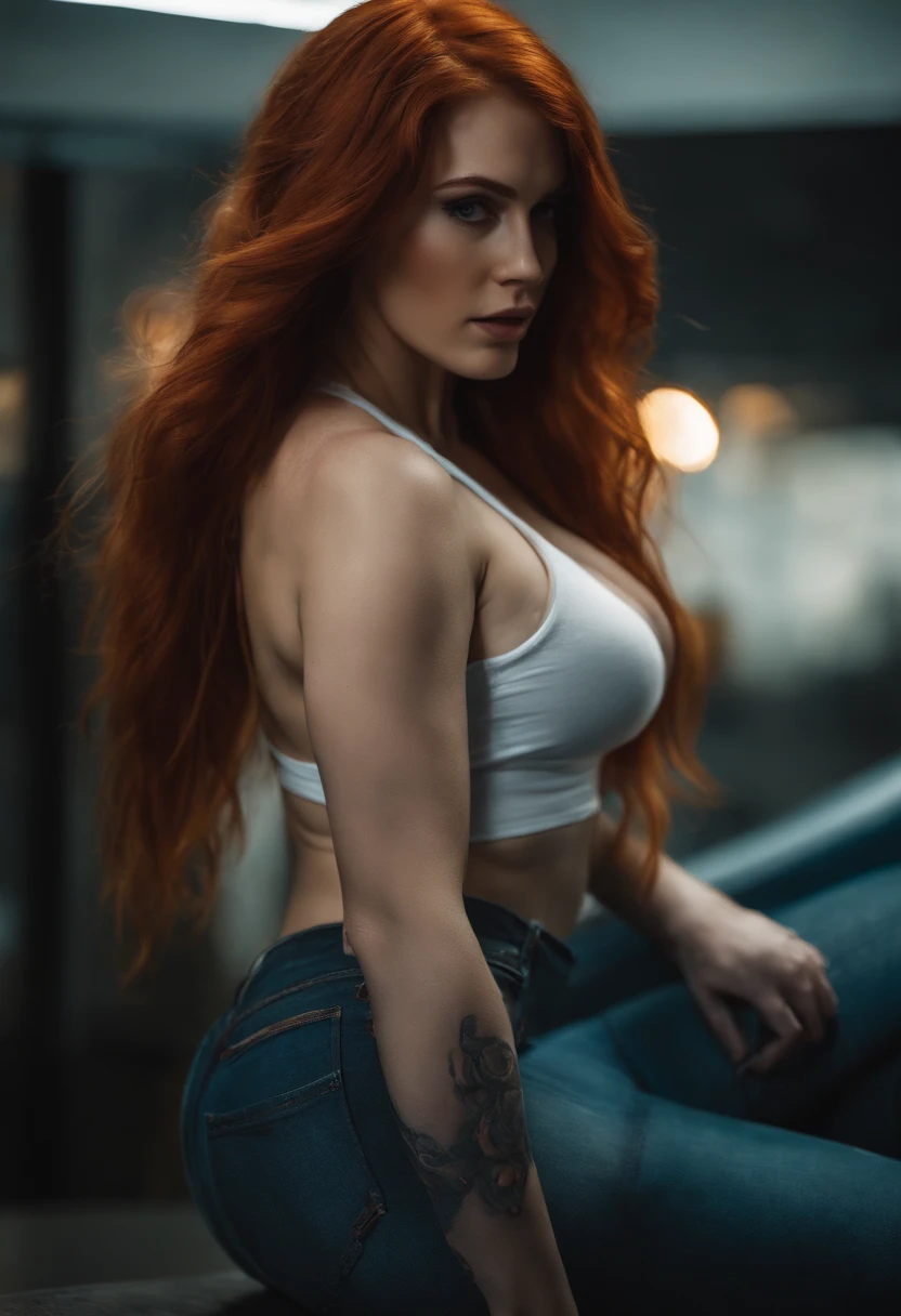 Long hair, Red Head, beautiful, sexy, shy, large breasts, thick ass, thin waist,lucy \(cyberpunk\), ripped pants, dripping cum, pussy, gaping pussy