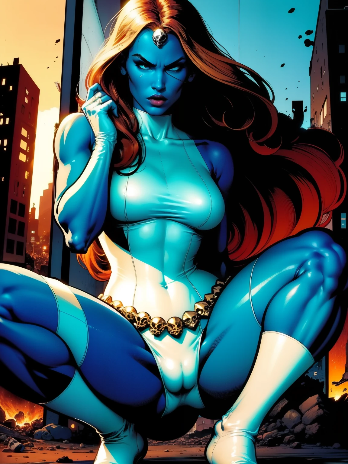 (((COMIC STYLE, CARTOON ART))), cinematic. 01 girl, solo, lonly, 19yo, A comic-style image of Mystique member of the X-Men (((in epic hero pose))), look at the camera, sesual pose. A woman with (((blue skin))) wearing a hot trasparent white dress. Ginger hair. slim body, Slim Hot body, sexy, sensual, (((camel toes ))), (((Camel Toes))). Detailed, detailed face, intricate, glowing. (((Cinematic destroyed city in background))), depth of field background. Back Cinematic lighting.
