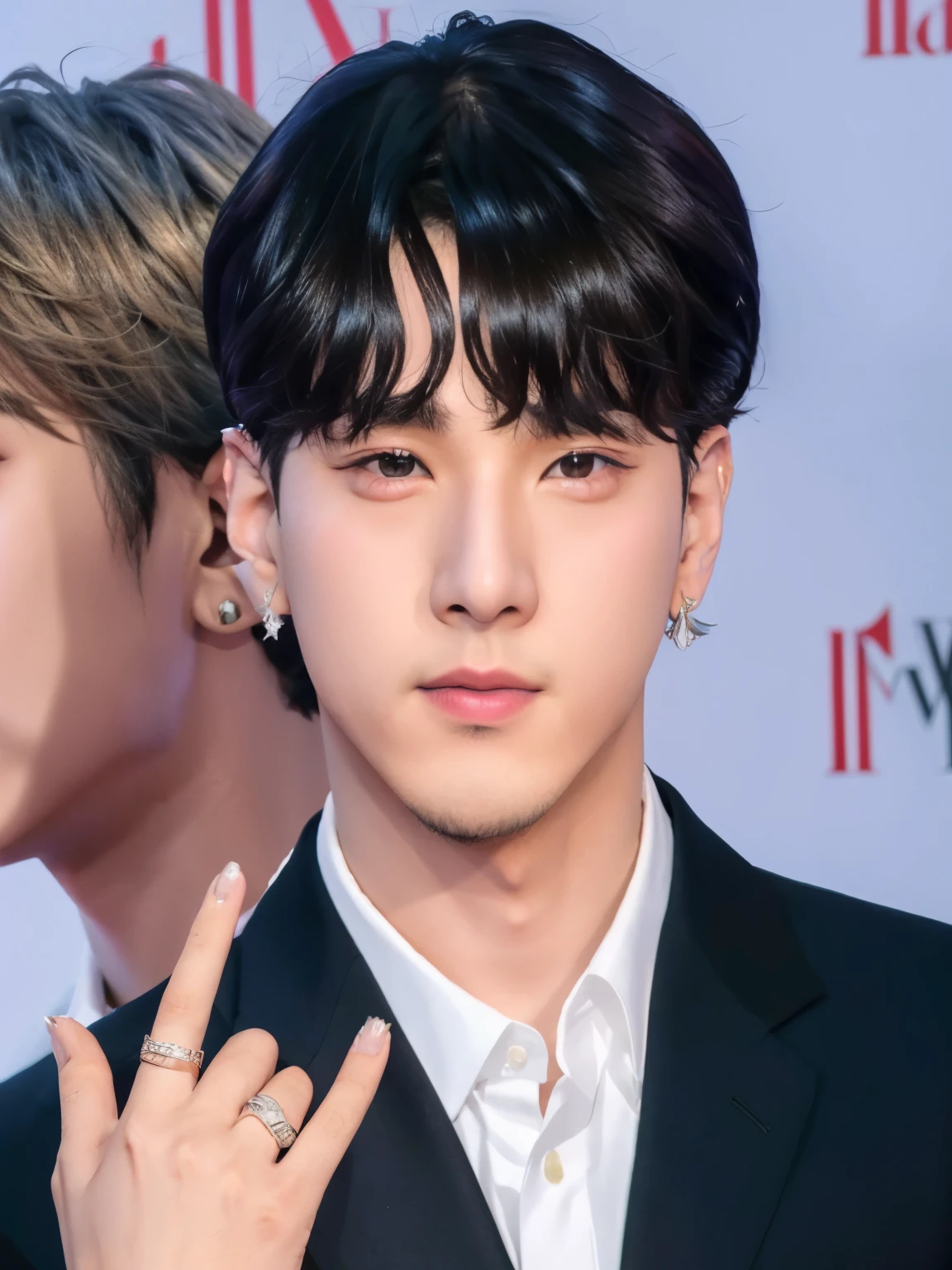 Araffes de un hombre con traje y corbata con un anillo en el dedo., jungkook, cai xukun, taken in the early 2020s, yoongi de pelo negro, Jimin\his right eyelid is swollen, kim doyoung, hyung tae, TaeJune Kim, bts, mirada inocente, Jinyoung Shin, Jimin, diez lee
