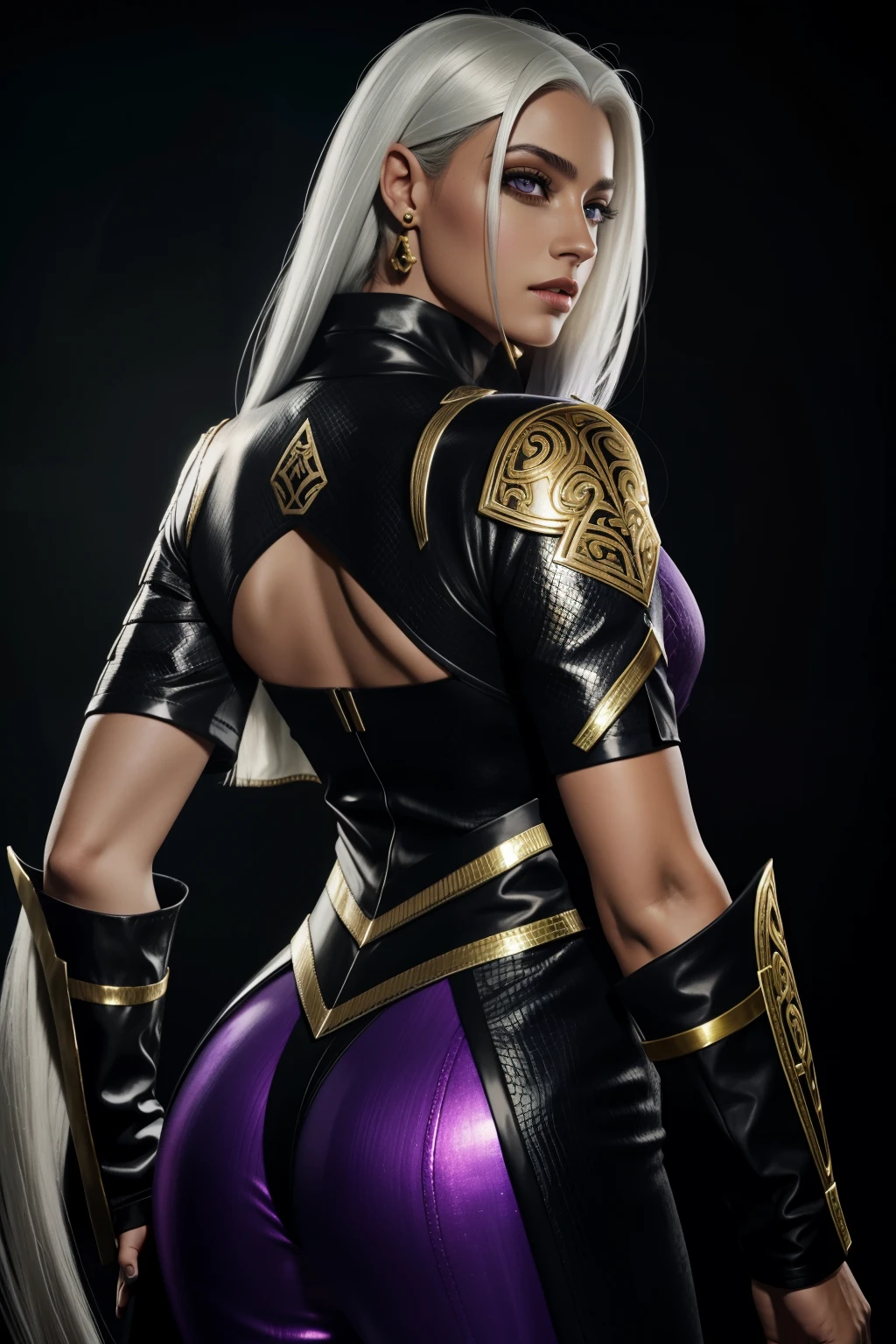 A  with a leash of straight white hair, Pele escura, Latin ancestry, purple irises, wearing a black tactical suit with golden threads and wearing golden earrings shaped like snakes. olhos detalhados, rosto detalhado, roupas grunge intrincadas, cinematic lighting, Realistic concept art with strong backlighting.