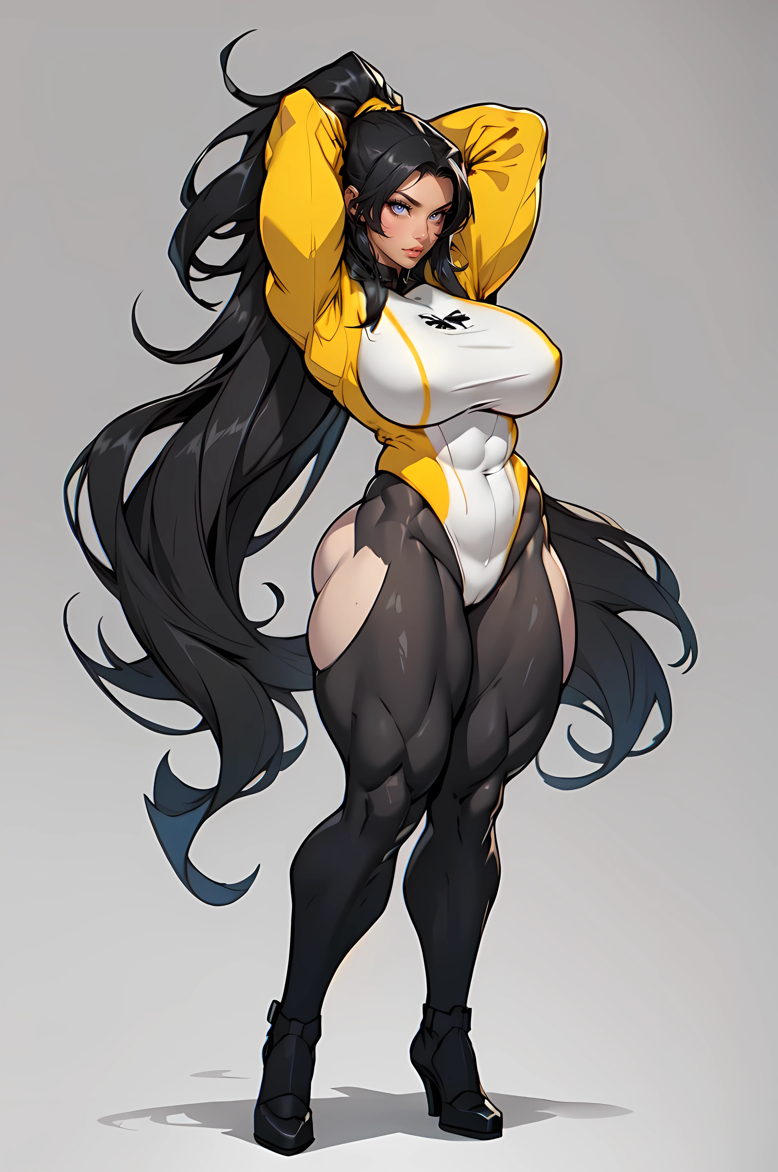 ((grey background)) pale skin black hair yellow eyes (very long hair) angry ((1 girl muscular toned body bodybuilder curvy wide hips thick thighs big tits)) (full body solo) standing (long sleeves leotard arms over head)