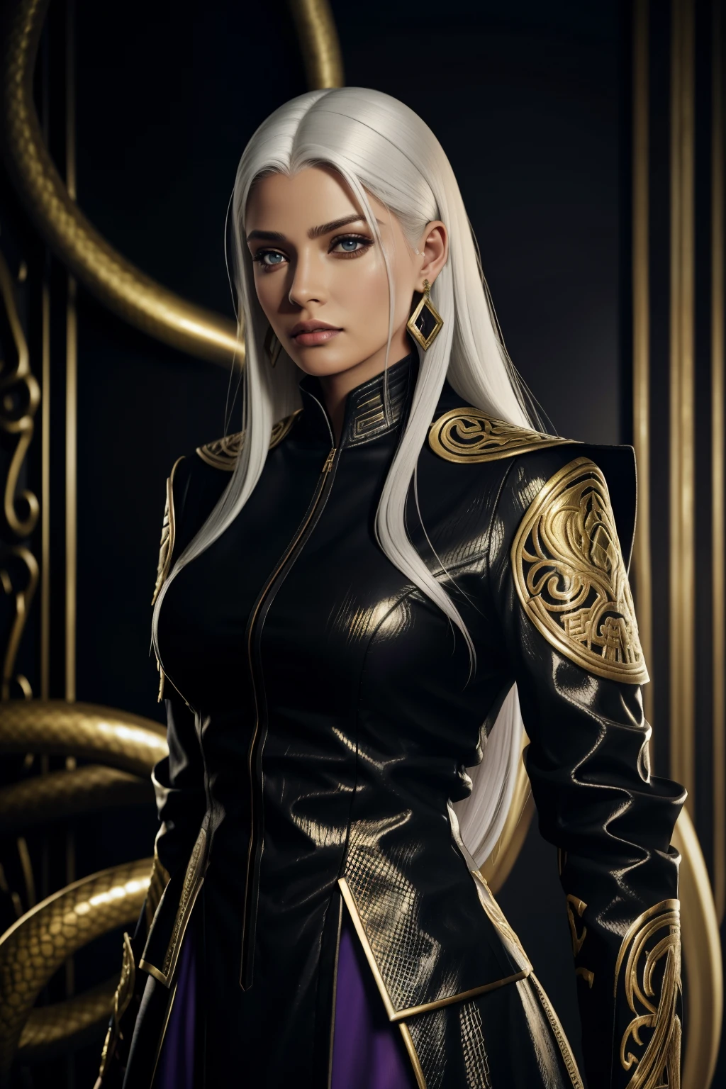 A  with a leash of straight white hair, Pele escura, Latin ancestry, purple irises, wearing a black tactical suit with golden threads and wearing golden earrings shaped like snakes. olhos detalhados, rosto detalhado, roupas grunge intrincadas, cinematic lighting, Realistic concept art with strong backlighting.