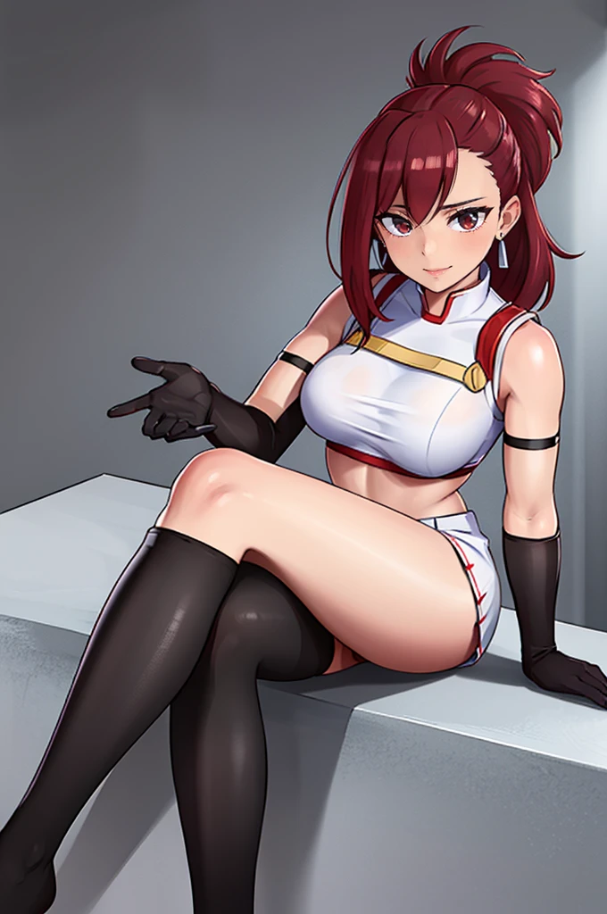 celica fe , light makeup, eye shadow, earrings ,glossy lips ,team rocket uniform, red letter R, white skirt,white crop top,black thigh-high boots, black elbow gloves, smile, looking down on viewer, sitting ,crossed legs