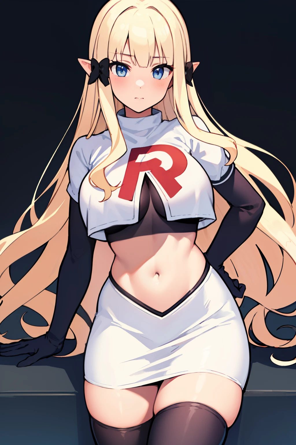 ((masterpiece, best quality)),very detailed, simple eyes,(large breasts),((1girl)), saren_\(princess_connect!\),bangs, black_bow, blonde_hair, blue_eyes, blush, bow, breasts, elf, hair_bow, hair_ornament,long_hair, looking_at_viewer, pointy_ears, team rocket,team rocket uniform,white skirt,red letter R,crop top,black thigh-highs,black elbow gloves,