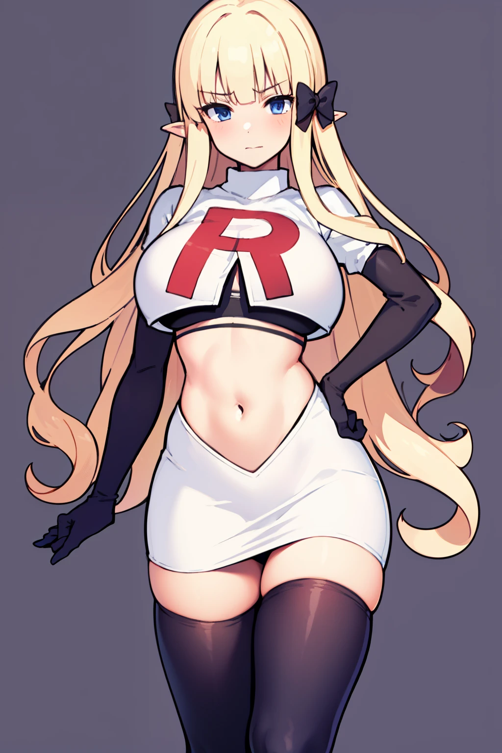 ((masterpiece, best quality)),very detailed, simple eyes,(large breasts),((1girl)), saren_\(princess_connect!\),bangs, black_bow, blonde_hair, blue_eyes, blush, bow, breasts, elf, hair_bow, hair_ornament,long_hair, looking_at_viewer, pointy_ears, team rocket,team rocket uniform,white skirt,red letter R,crop top,black thigh-highs,black elbow gloves,