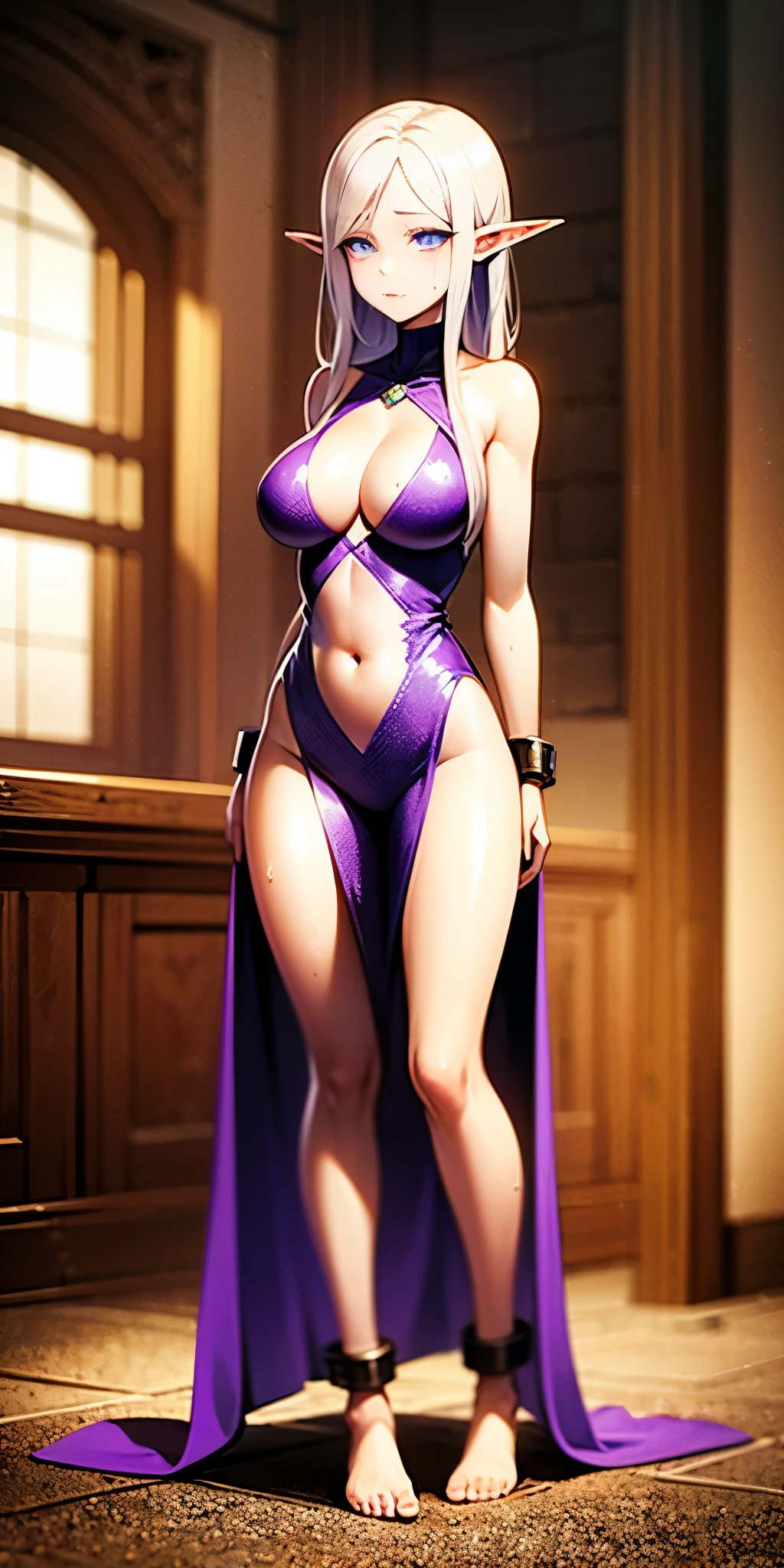 full body, head to toe, standing straight symmetrical, feet together, arms behind body, hide arms, shackles on knees, A tall and beautiful elf woman, light blue glowing eyes, cold expression, proud posture, chest up, lavender skin, purple facial tattoos, silver tied hair, exposed chest, exposed shoulders , showing her navel and thighs, looking up at the camera, with sweat on her body, her wet body, in a medieval inn.