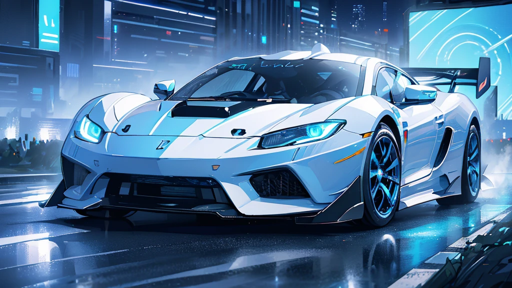 (white supercar, blue headlights, car racing, blue smoke), (blue cyberpunk city, blue neon, starry sky), (8k, extremaly detailed, lighting like a movie, lense flares)