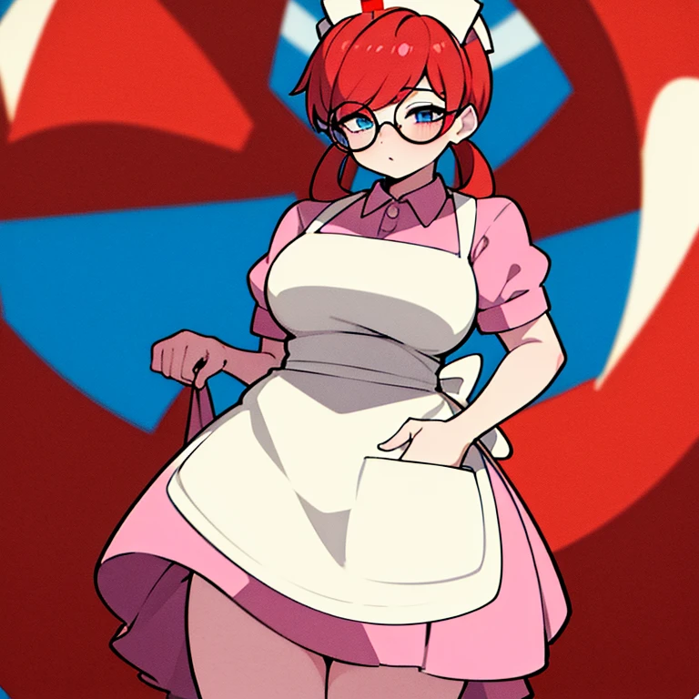 (masterpiece, absurdres, :1.2), 1girl, solo, full body image, cell shading, best quality, extreme detail, perfect face, Penny, thick thighs, hair rings, bangs, nurse cap, pink collared dress, apron, ocean