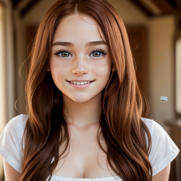 front portrait of a stunning girl, ager, shy smile, no make up, detailed eyes, eyelashes, freckles, humongous breasts, auburn hair, super long hair, wavy hair, looking at viewer, natural lighting::1, [shy smile]::1, natural features, canon eos 6::1, 50mm lens::1

