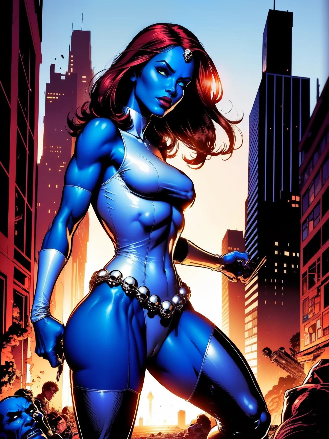 (((COMIC STYLE, CARTOON ART))), cinematic. 01 girl, solo, lonly, 19yo, A comic-style image of Mystique member of the X-Men (((in epic hero pose))), look at the camera. A woman with (((blue skin))) wearing a hot trasparent white dress. Ginger hair. slim body, Slim Hot body, sexy, sensual, (((camel toes ))), (((Camel Toes))). Detailed, detailed face, intricate, glowing. (((Cinematic destroyed city in background))), depth of field background. Back Cinematic lighting.